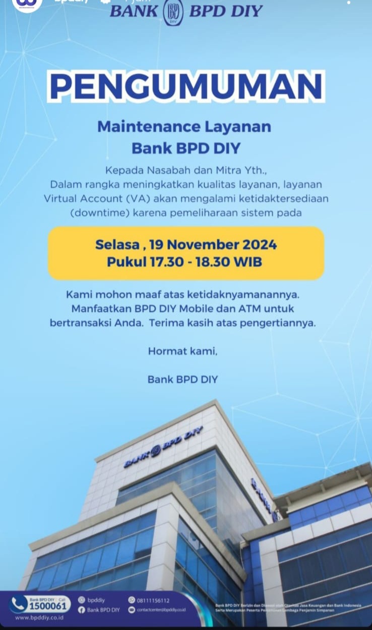 Image Pengumuman Maintenance Layanan BANK BPD DIY