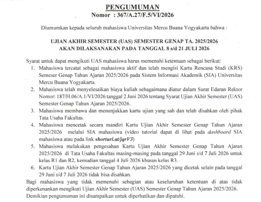 Syarat Ujian Akhir Semester (UAS) Semester Genap Tahun Akademik 2025/2026