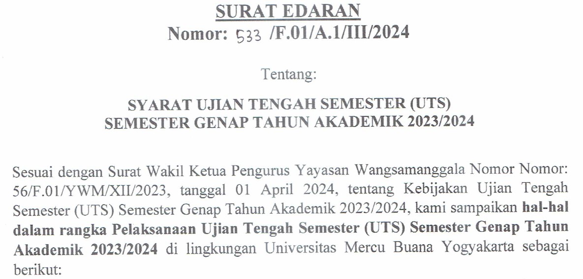 Image Syarat Ujian Tengah Semester Genap Tahun Akademik 2023/2024 di Universitas Mercu Buana Yogyakarta